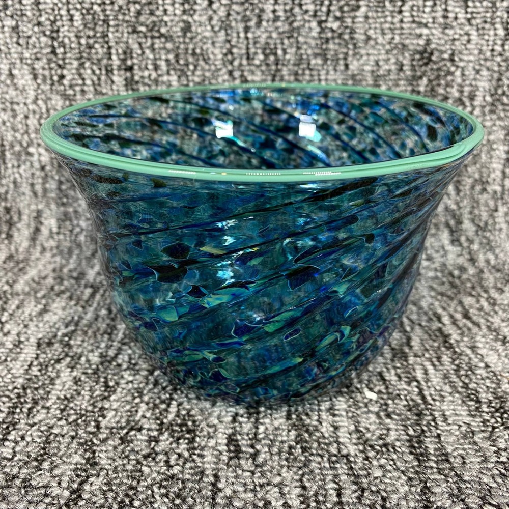 Gail Dom Signed Hand Blown Art Glass Bowl Teal Blue Green Swirl 6 In Studio